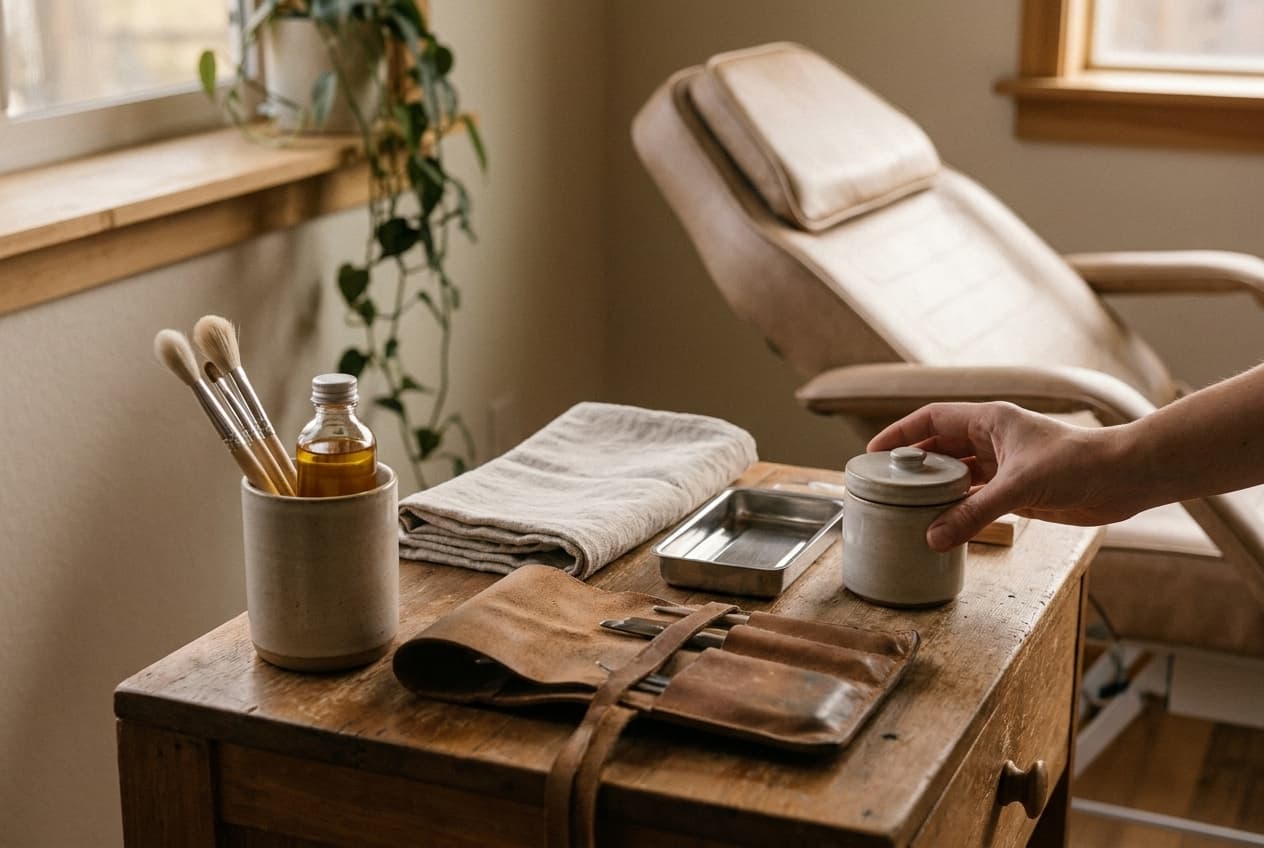 An independent professional's own station, set up between appointments