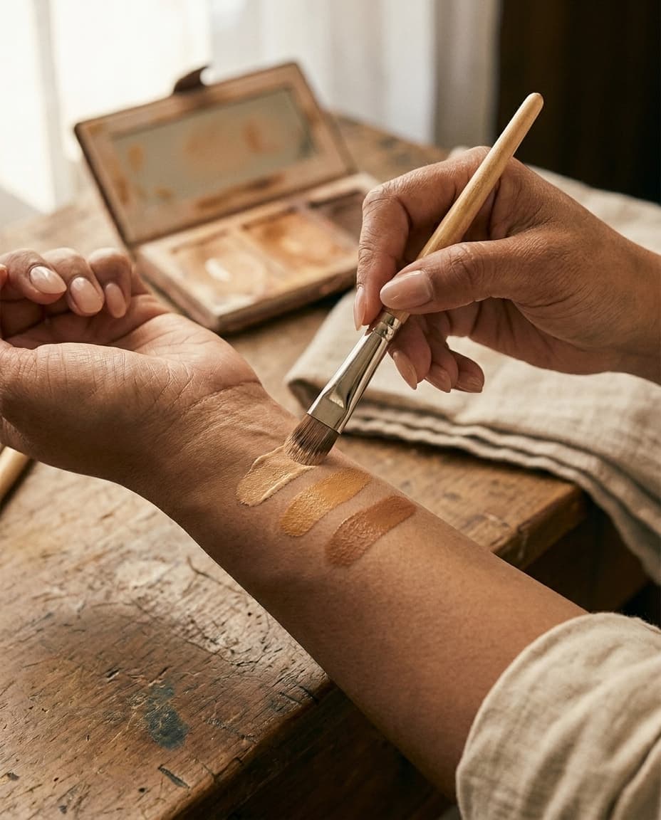 Foundation shades swatched along a forearm to check them against skin
