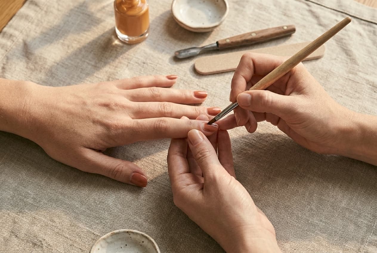 A nail service in progress, shot from above the work table