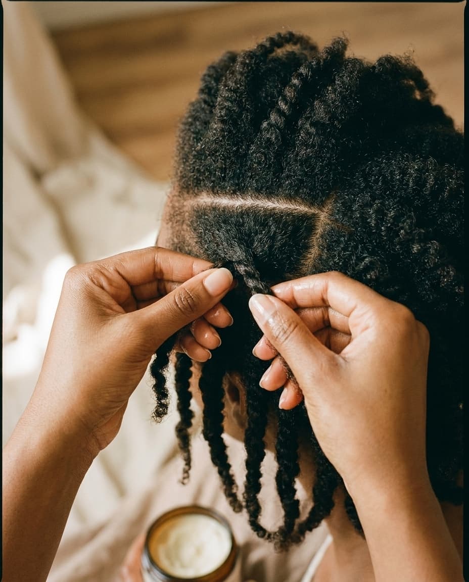 A protective-style install in progress, sections parted and twisted