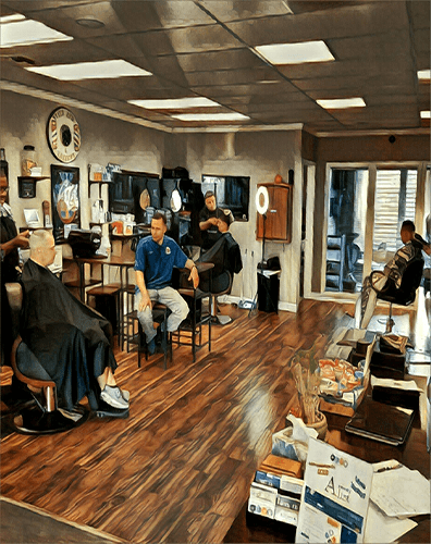 Inside Dominick's Barbershop on a working day — both chairs busy, clients waiting